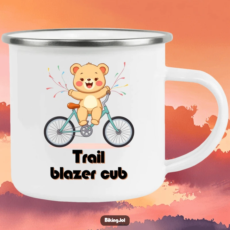Funny bear cub riding a bicycle with streamers, a rugged camping mug for outdoor enthusiasts.