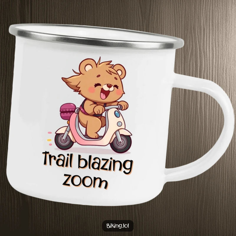 Funny bear cub camping mug, zooming on a scooter downhill with hair flying, a durable and humorous funny gift.
