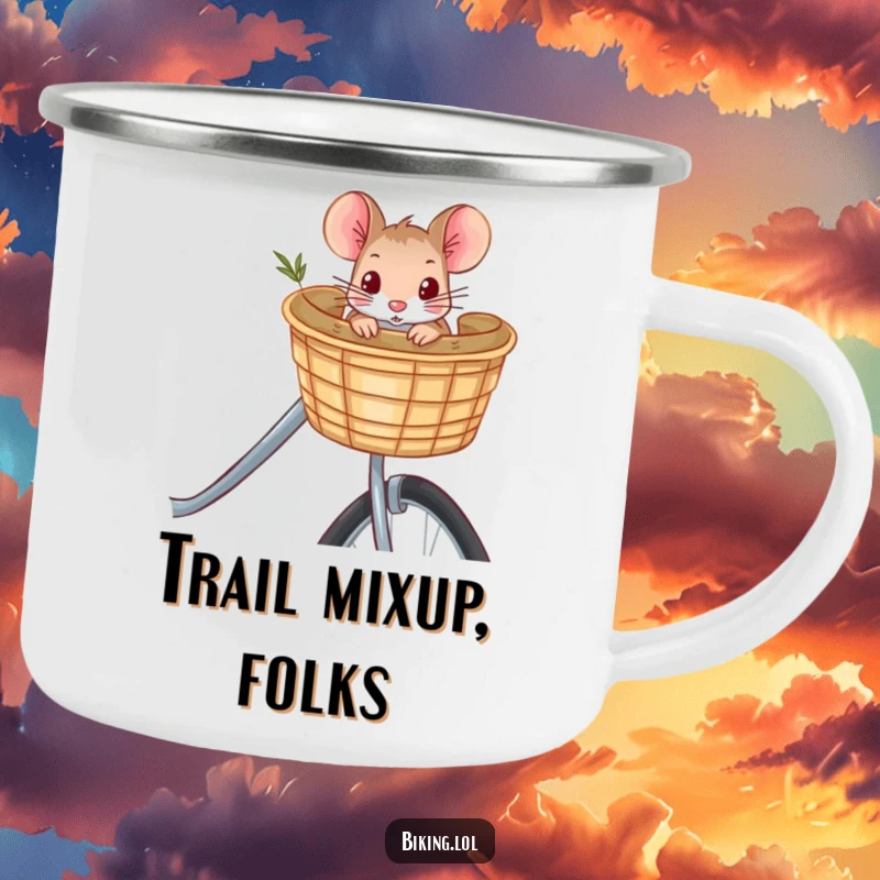 Funny curious mouse peeking from a bicycle basket, a rugged camping mug design perfect for outdoor adventures and humorous moments.