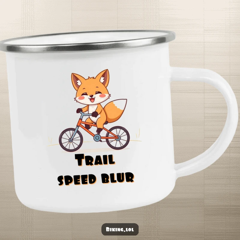 Funny fox camping mug, joyfully riding a tiny bicycle downhill with paws outstretched, enjoying nature's ride.
