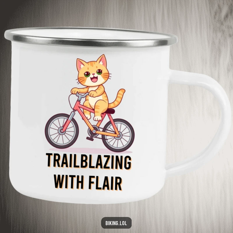 Funny cat camping mug showing a confident feline doing a wheelie on a bike, perfect for outdoor fun and humor.