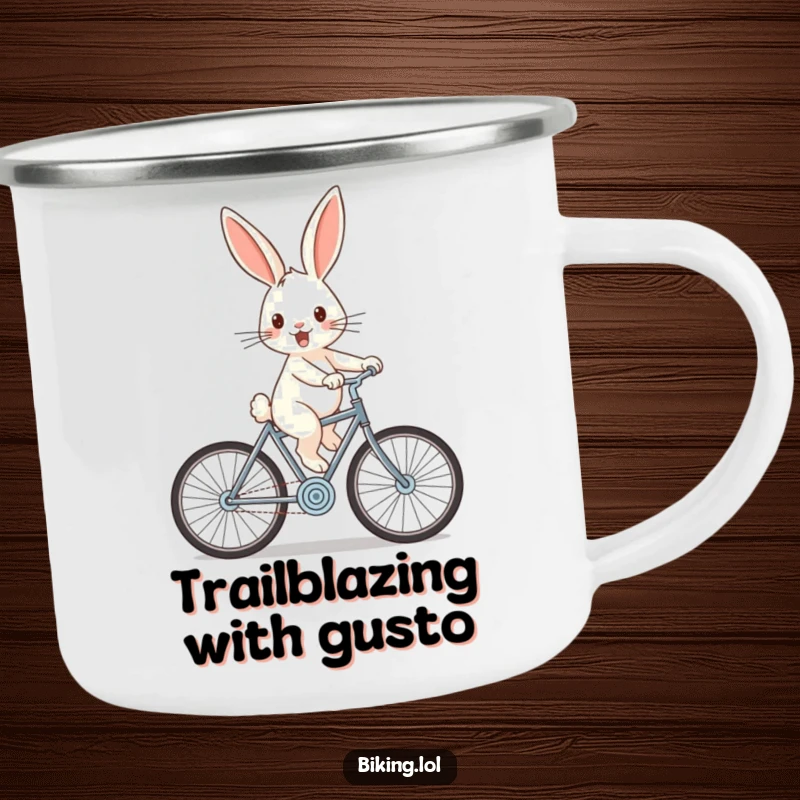Funny rabbit camping mug with a cheerful rabbit zooming downhill on a bicycle with wind-swept ears, durable and witty.