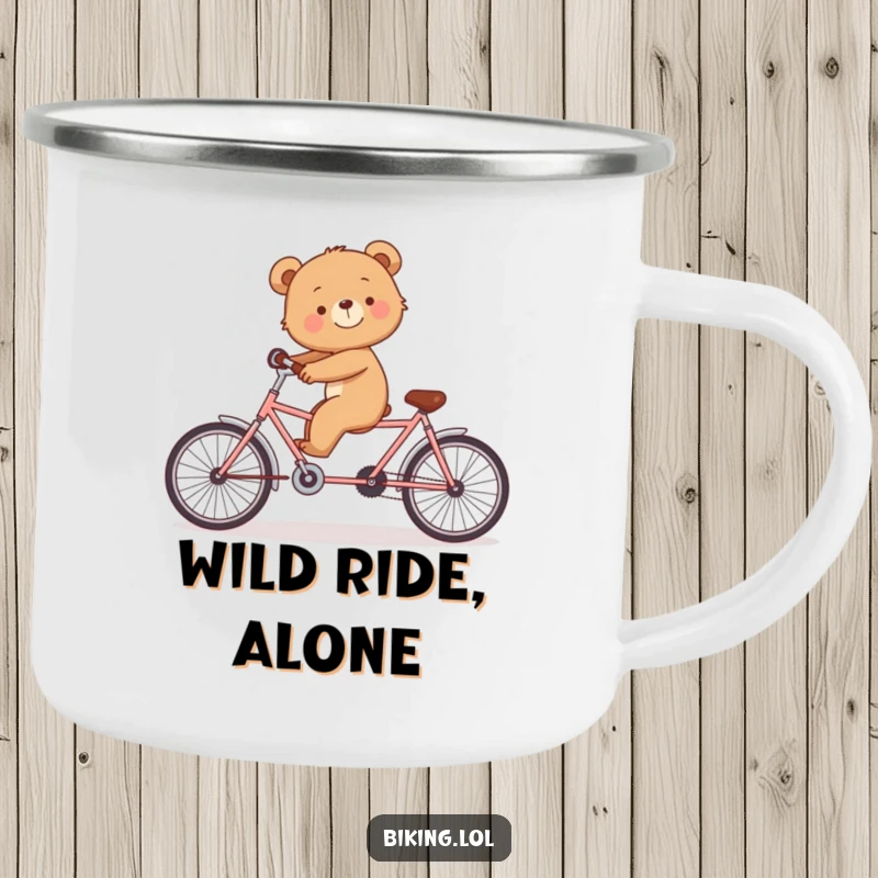 Funny camping mug with a smiling bear cub trying to keep balance on a tandem bicycle alone.