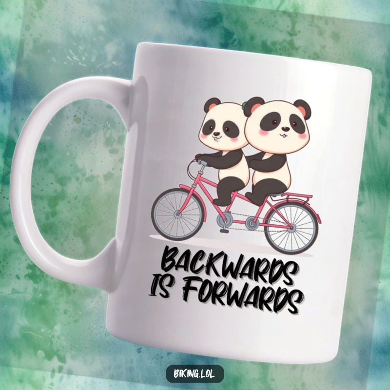 Funny panda mug showing a shy panda awkwardly pedaling backward on a tandem bike, a humorous and relatable scene.
