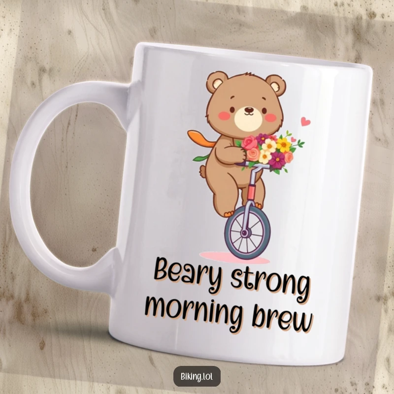 Funny bear mug showing a determined bear riding a unicycle while holding a bouquet of flowers, a charming scene.