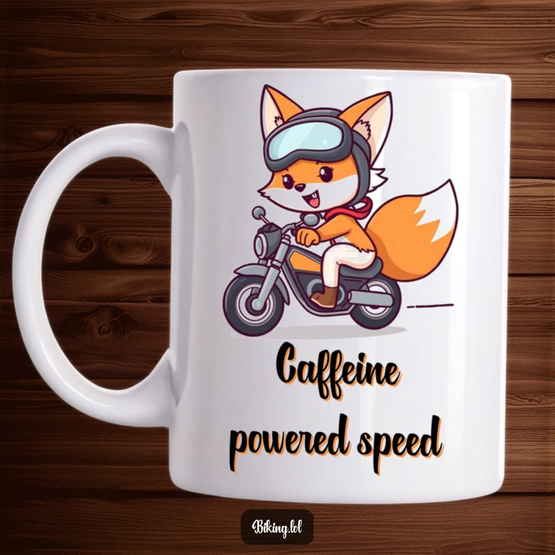 Funny fox wearing a helmet and goggles, speeding on a bicycle with a cheerful expression, a humorous and fun gift.