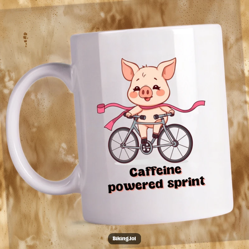 Funny flushed and exhilarated pig character in a bicycle race, trailing a pink ribbon, a humorous mug.