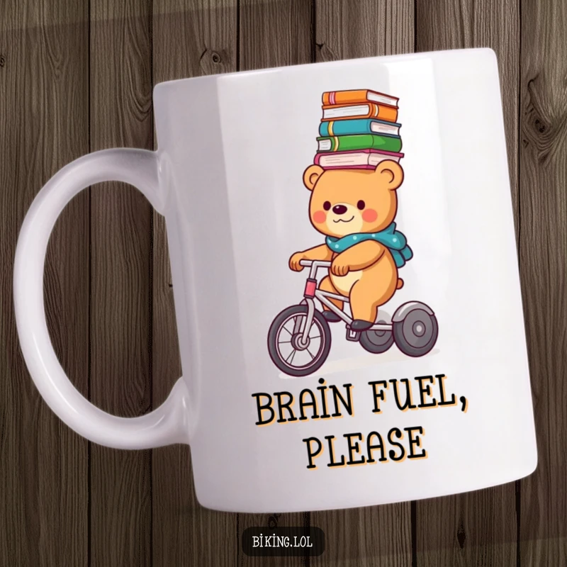 Funny bear character precariously balancing a tall stack of books on its head while riding a tricycle, a humorous mug.