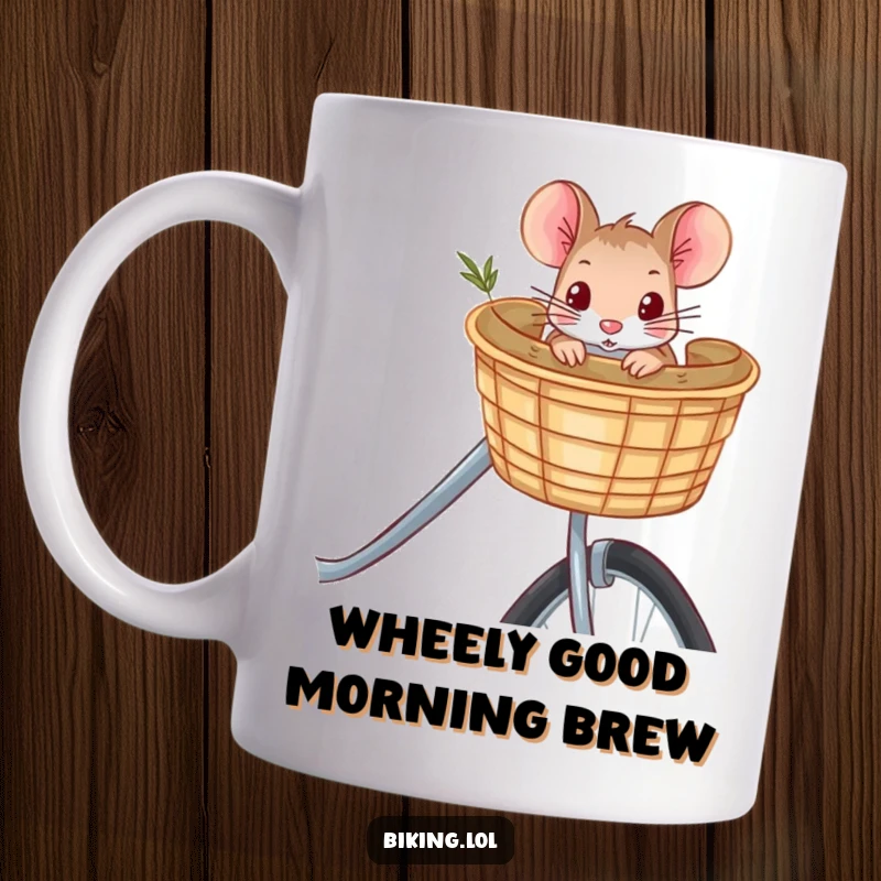 Funny mouse peeking curiously from a bicycle basket, a charming and humorous design for a mug, perfect for animal lovers.