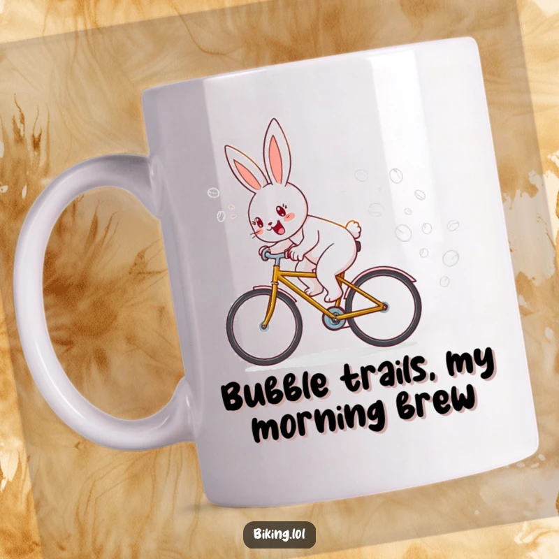 Funny mug featuring a cheerful bunny on a bicycle, giggling as it leaves a trail of colorful soap bubbles, a whimsical gift.