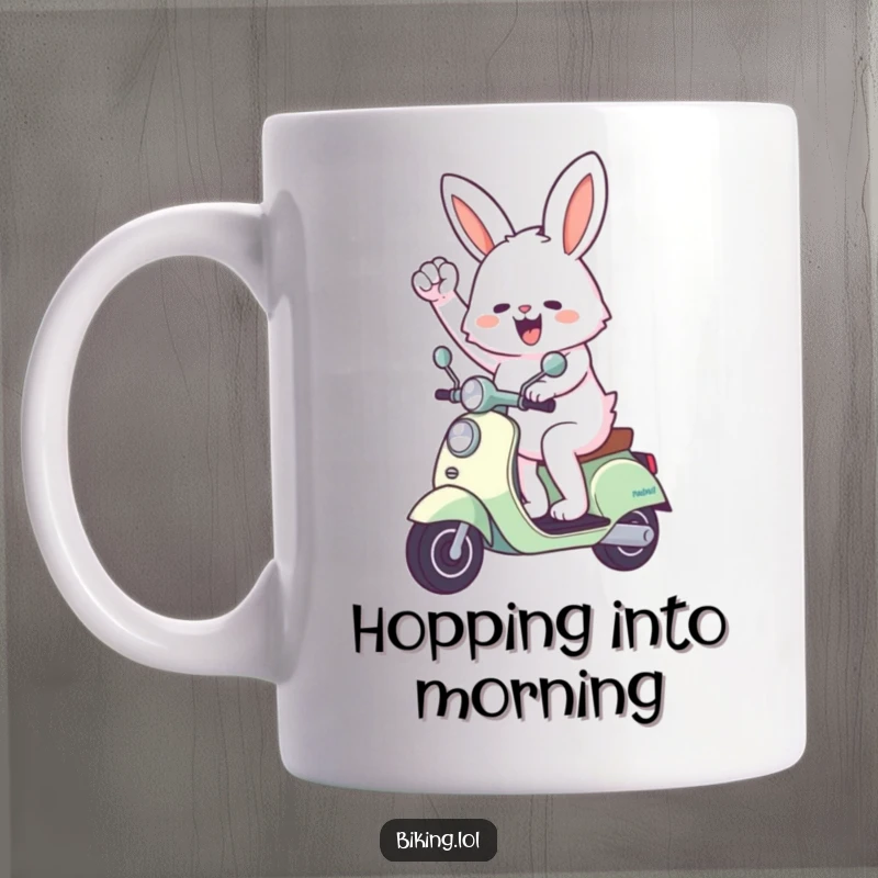 Funny coffee mug featuring a fluffy bunny enthusiastically pumping its fist while confidently riding a scooter.