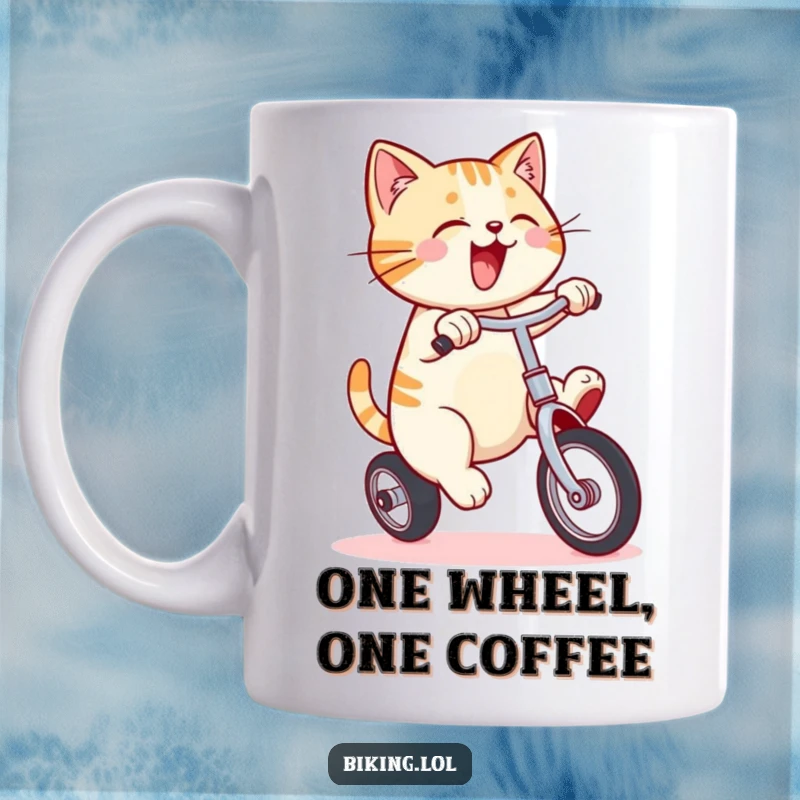 Funny mug featuring a smiling cat enthusiastically pedaling a unicycle, embodying skill, effort, and playful determination.