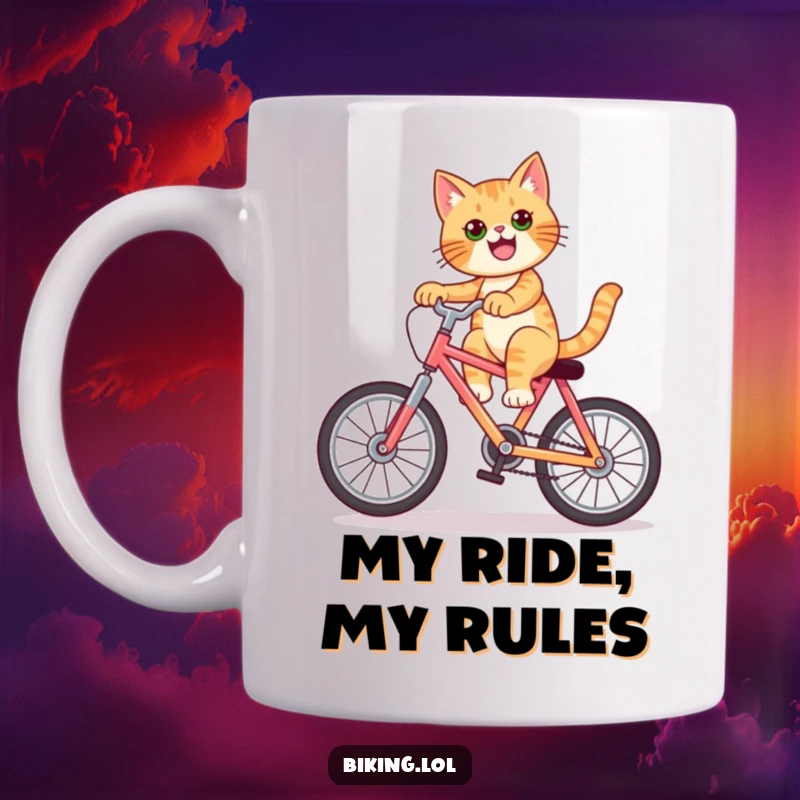 Funny cat mug showing a confident feline performing a perfect wheelie on a brightly colored bicycle with style.