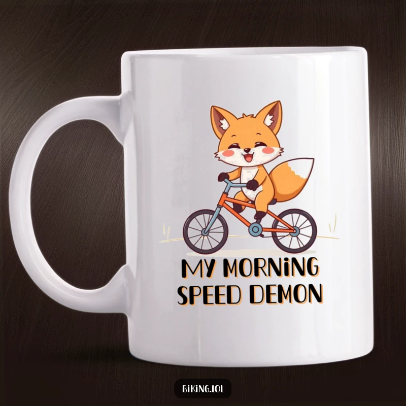 Funny fox mug with outstretched paws joyfully riding a tiny bicycle downhill, capturing pure exhilaration and fun.