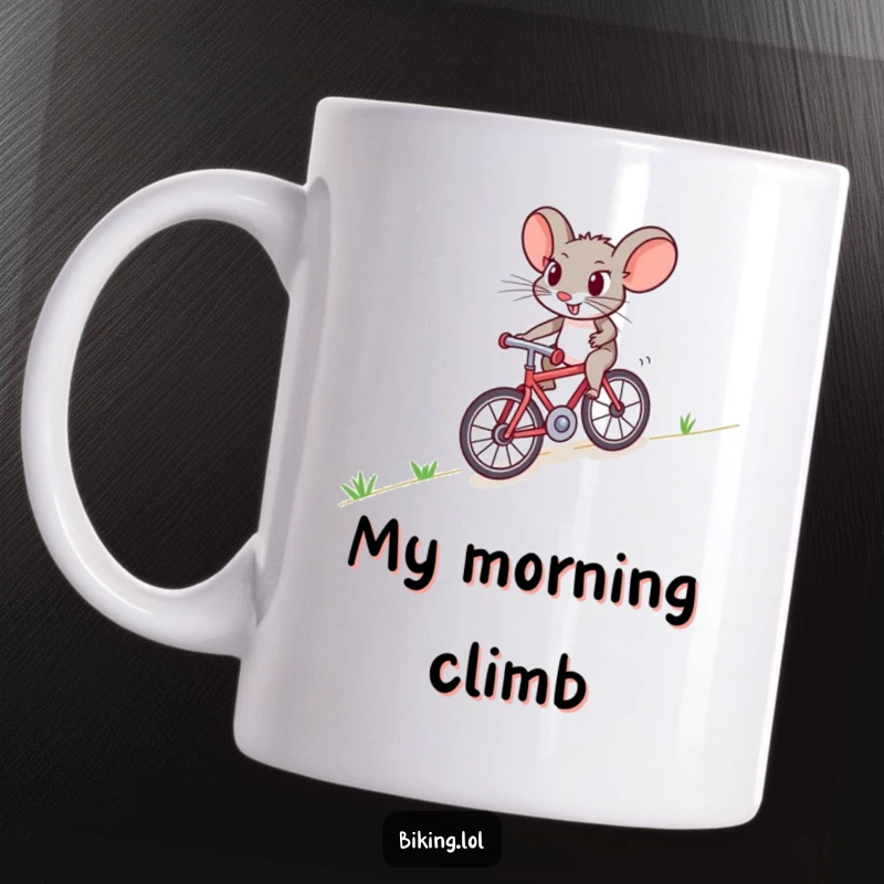 Funny mouse mug with a brave character pedaling a tiny bicycle uphill with intense focus and determination, a humorous depiction of effort.