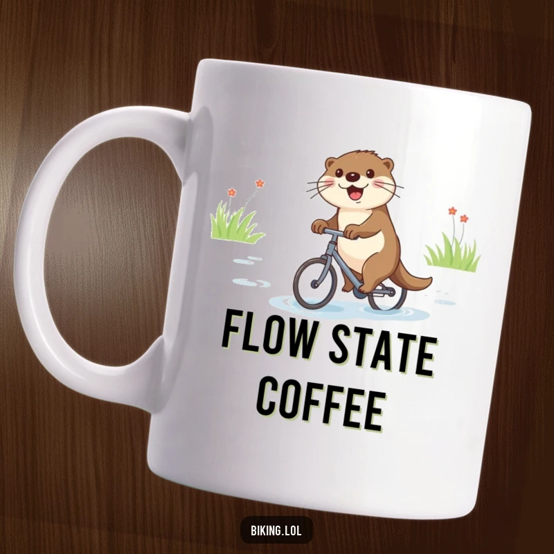 Funny mug featuring a joyful otter gliding down a river on a tiny bicycle, spreading happiness.