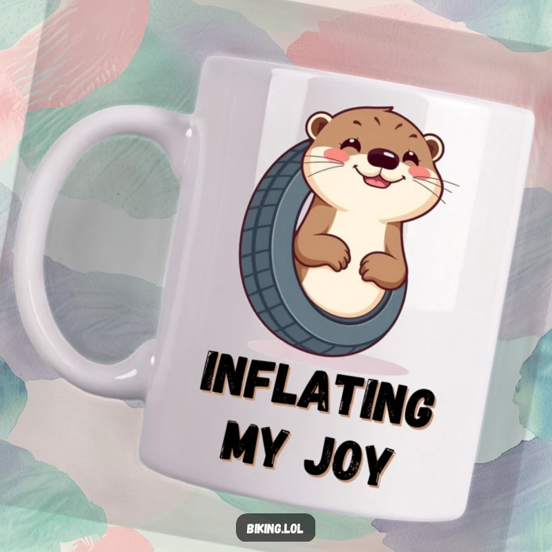 Funny otter mug, enthusiastically pumping a tire with a cheerful grin, showcasing determination and helpfulness.