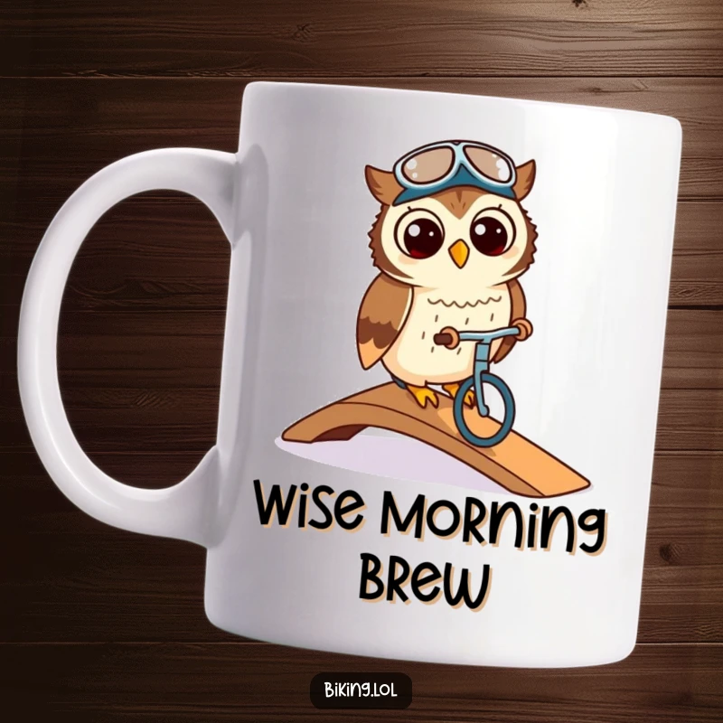 Funny cute owl wearing cycling cap, elegantly navigating a ramp on a bike, on a ceramic mug, showing sophistication.