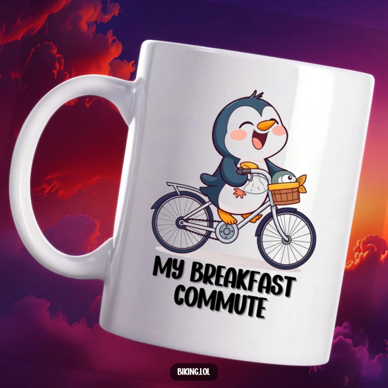 Funny penguin mug showing a laughing bird joyfully riding a bicycle with a fresh fish secured in its basket.