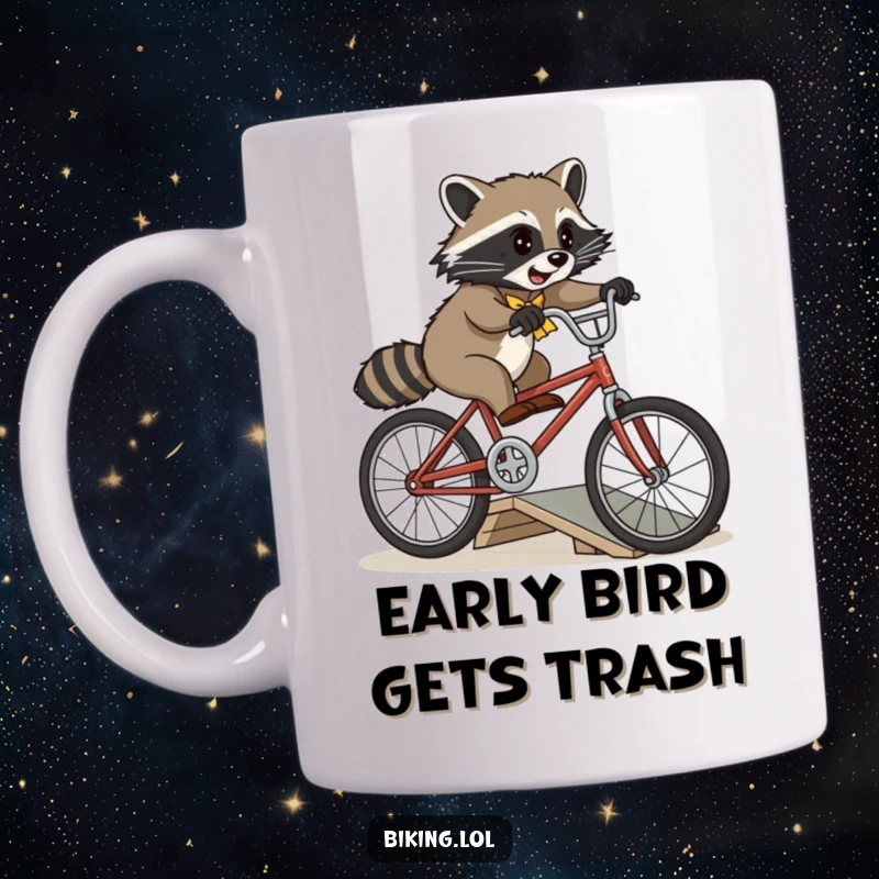 Funny playful raccoon attempting a jump over a small ramp on a vintage bicycle on a coffee mug.
