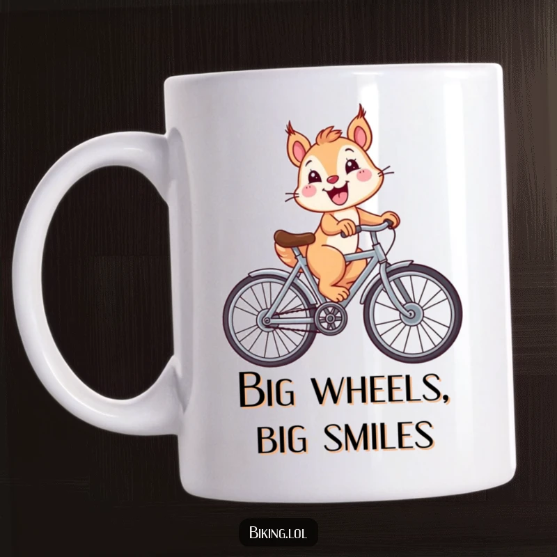 Funny squirrel joyfully riding a bicycle with comically oversized wheels and a wide smile on this ceramic mug design.