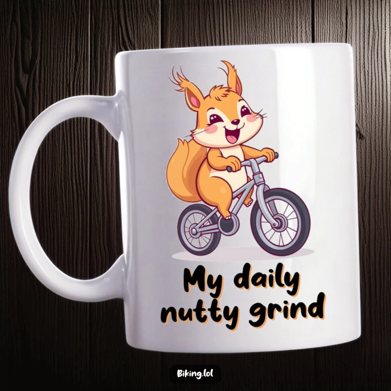 Funny squirrel mug, windblown fur, pedaling a unicycle with a big smile, showcasing balance and joy.