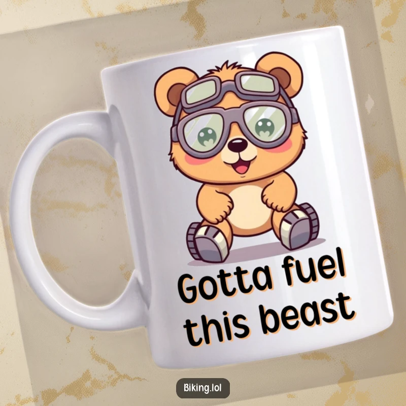 Funny happy bear wearing large goggles, pedaling a bike with great effort, on a ceramic mug, determined.