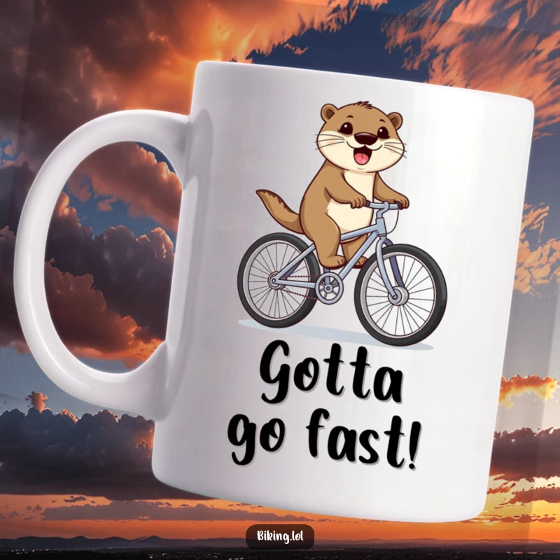 Funny otter riding a bicycle with massive wheels, pedaling with extreme happiness and determination, a joyful and funny gift idea.