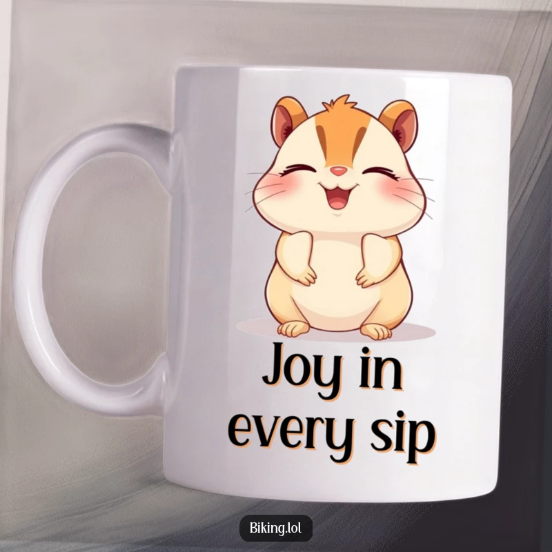 Funny chipmunk mug, a beaming chipmunk pedaling a bike with closed eyes in pure bliss, joyful humor.