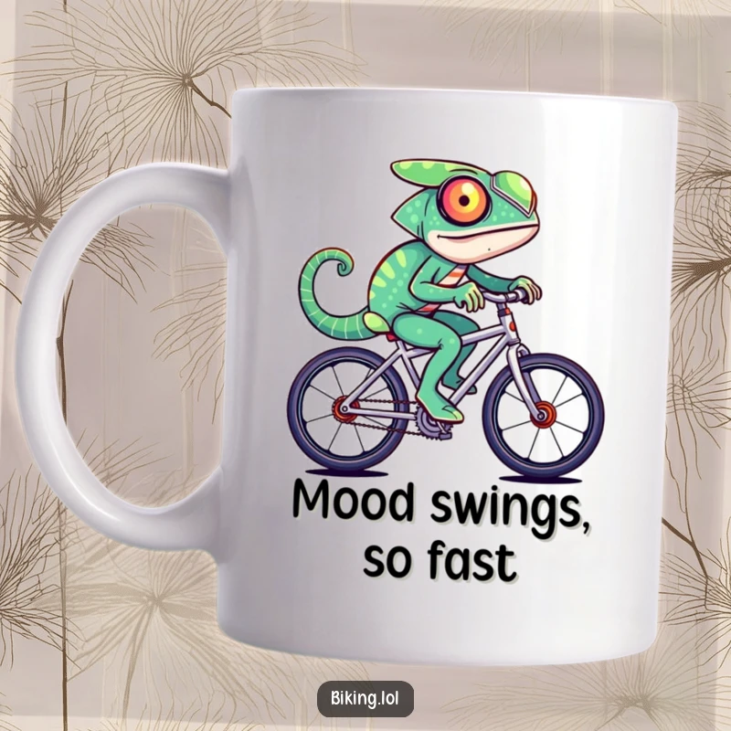 Funny chameleon character changing colors rapidly while riding a fast bicycle, a dynamic and humorous mug.