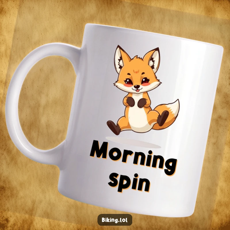Funny mug featuring a confident fox cub performing a daring wheelie on a bike with impressive style and flair.