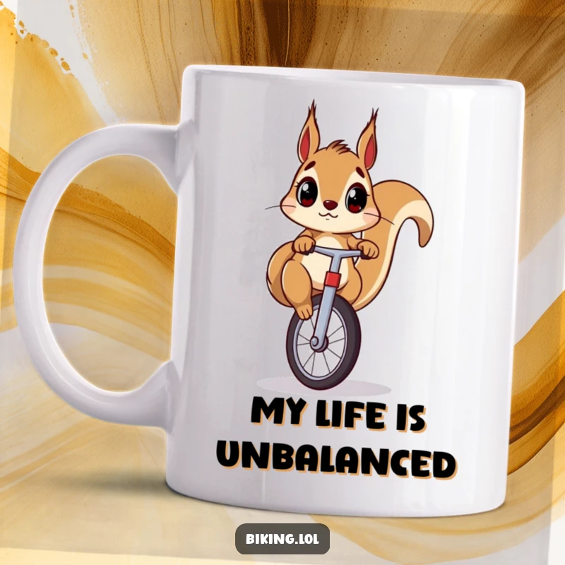 Funny squirrel mug featuring a determined squirrel with a surprised face, precariously balancing on a unicycle, hilariously attempting to ride.