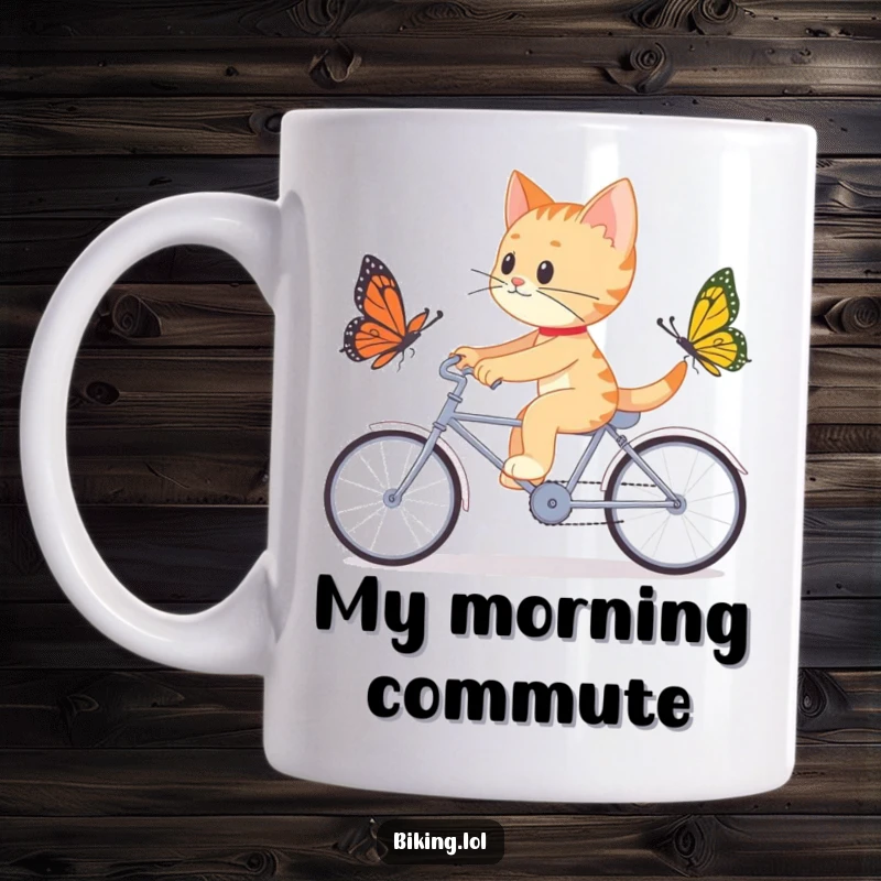 Funny mug featuring a determined cat enthusiastically chasing a butterfly while riding a tandem bicycle, showcasing playful pursuit.