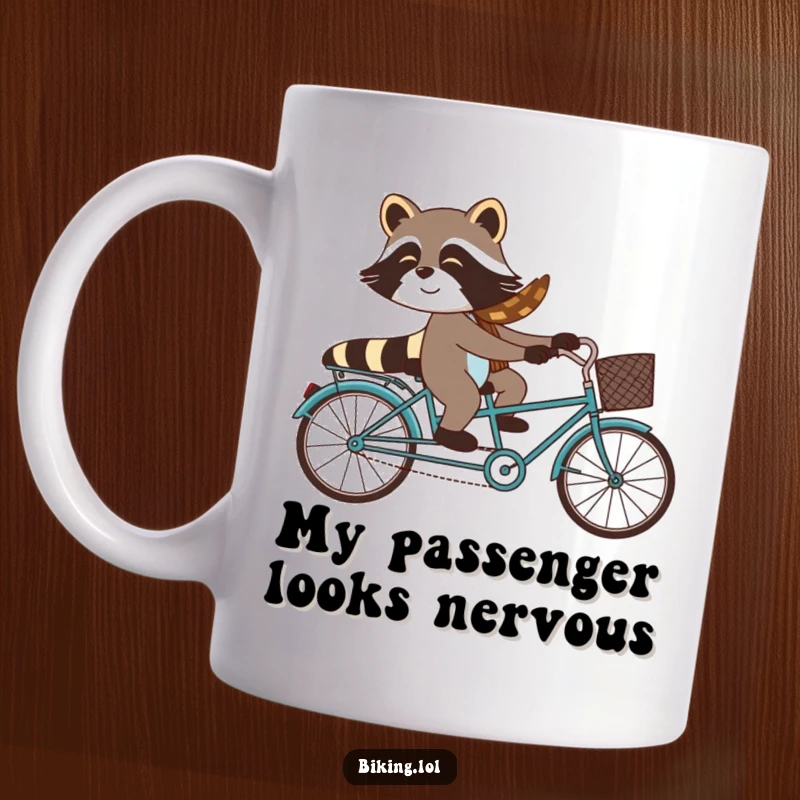 Funny raccoon riding a tandem bicycle with a startled passenger, showcasing bicycle chaos and humor on this mug.
