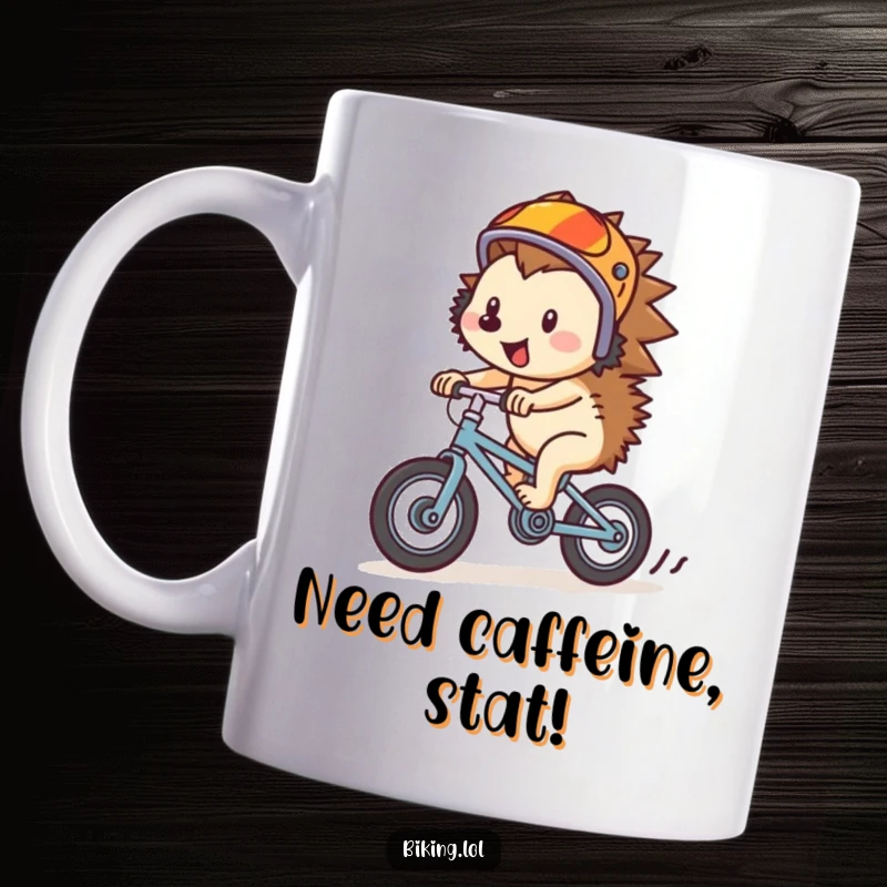 Funny hedgehog wearing helmet, speeding downhill on a tiny bike, captured on a ceramic mug, joyful and adventurous.