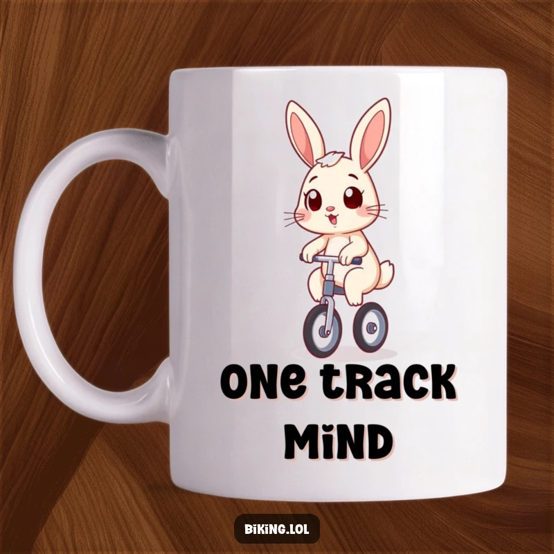 Funny bunny wobbling on a unicycle with a surprised face and determined grin, a humorous and charming funny gift.