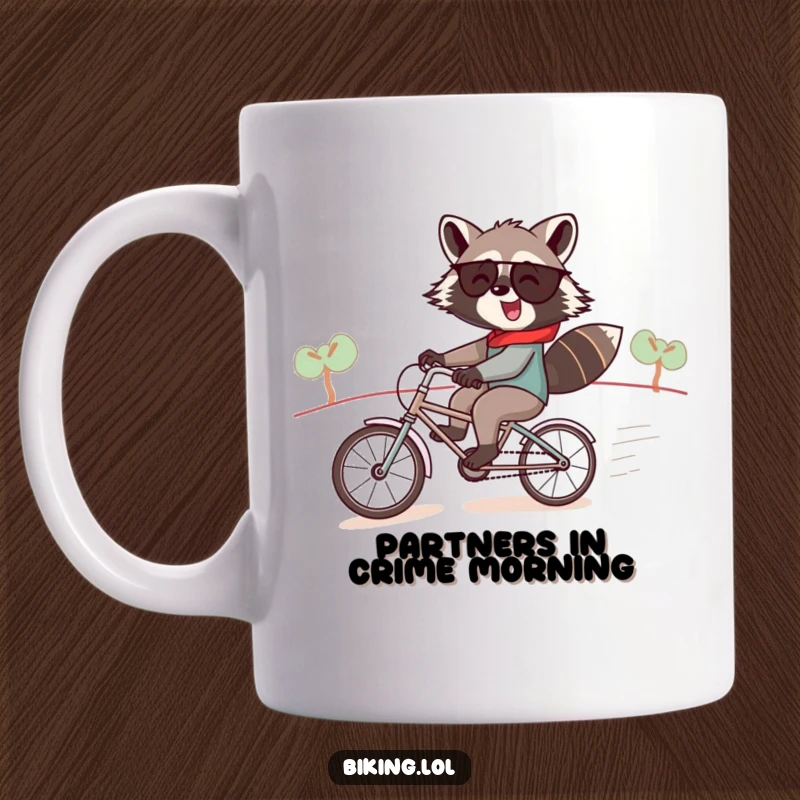 Funny raccoon mug, a jolly raccoon speeding down a hill on a tiny tandem bike, duo humor.
