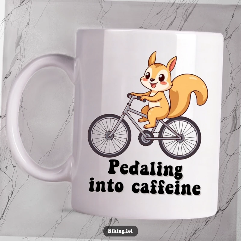 Funny playful squirrel joyfully riding a bicycle with oversized wheels and a big smile, a humorous mug for adventurers.