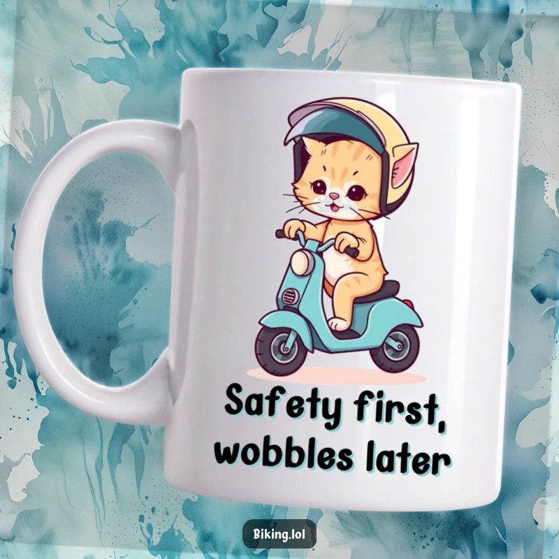 Funny mug showing a wobbly kitten struggling to ride a scooter, wearing a comically oversized helmet.