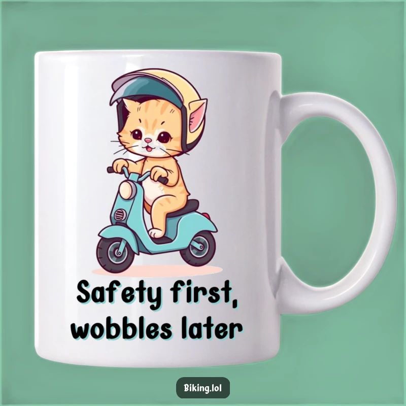 Funny Kitten Scooter Mug: Wobbly Rider in Big Helmet - Hilarious Funny Gift