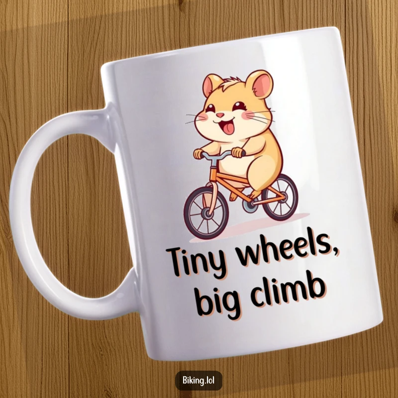 Funny hamster mug showing a determined hamster pedaling a tiny bicycle uphill with a joyful grin, perfect for a laugh.