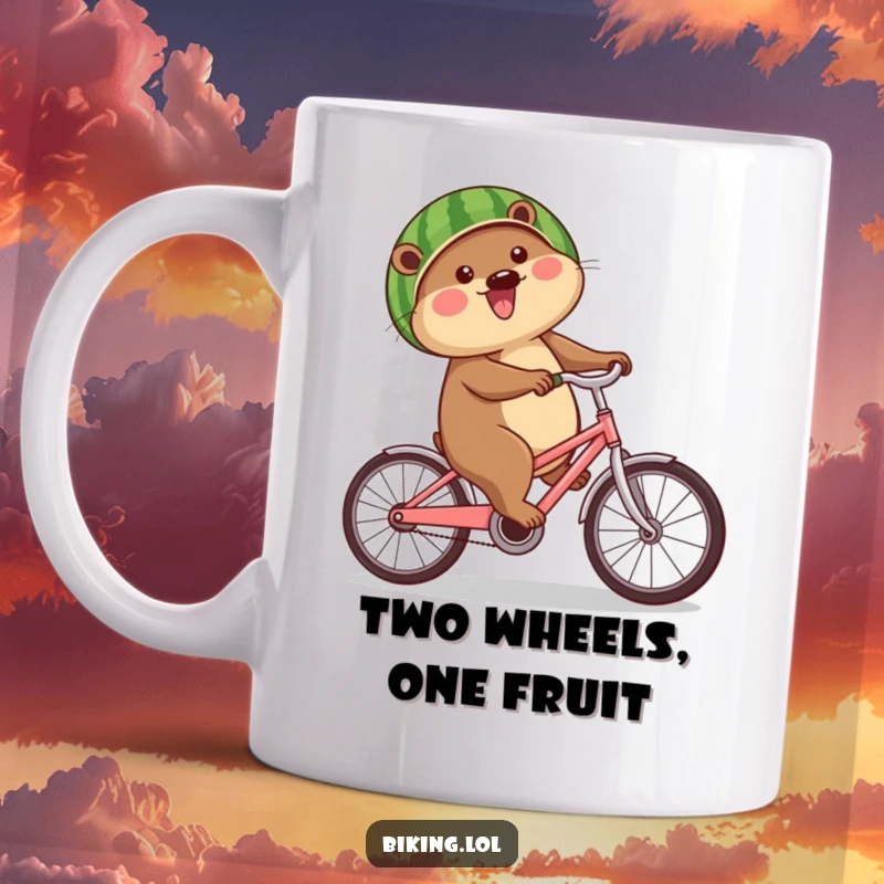 Funny beaver mug showing a happy beaver wearing a watermelon helmet while biking, a humorous and cheerful scene.