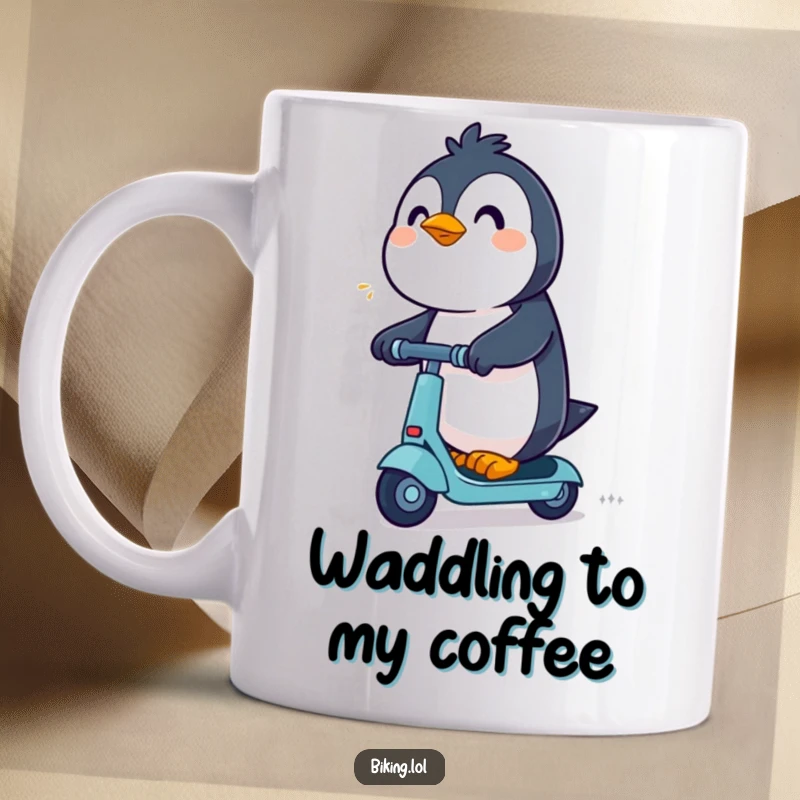Funny Penguin Mug: An excited penguin joyfully rides a scooter with determination, representing speed and fun.