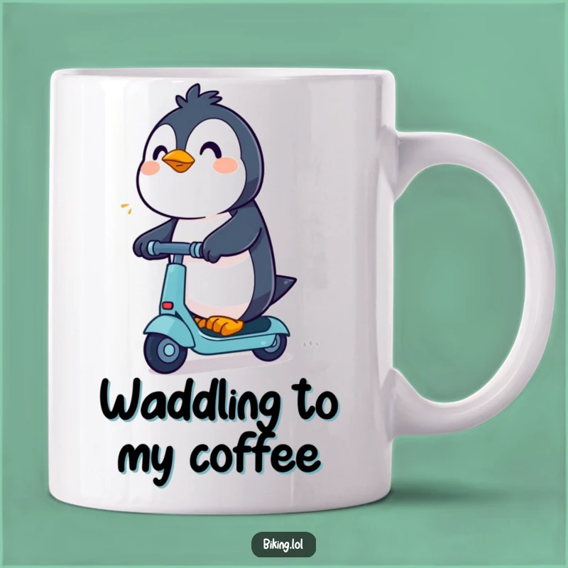 Funny Penguin Scooter Mug: Excited Rider Zooms with Determined Joy!