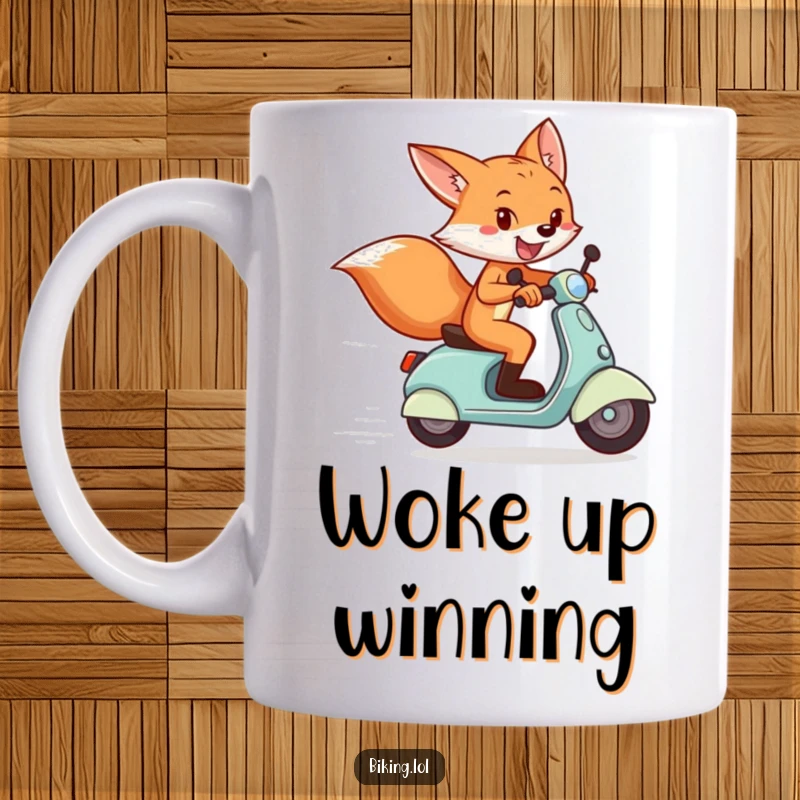 Funny fox mug showing a playful fox zooming past a finish line on a scooter with a big grin.