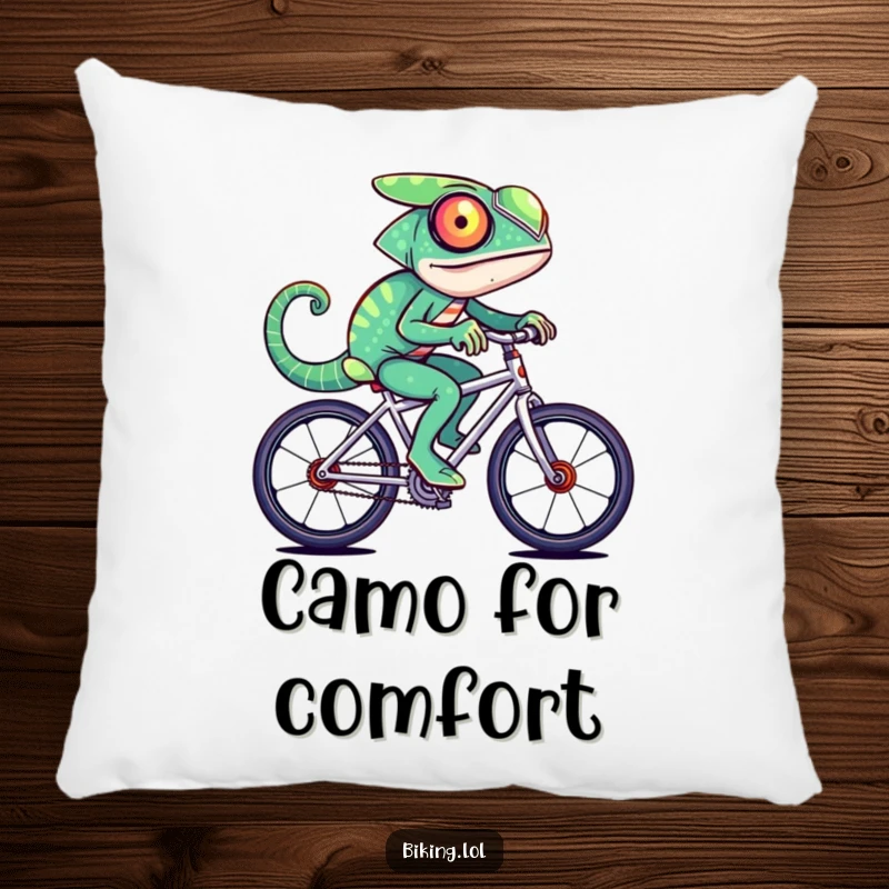 A soft pillow featuring a funny chameleon character rapidly changing colors while riding a fast bicycle.