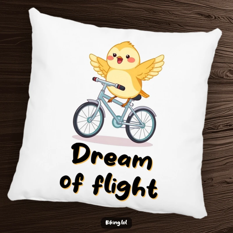 Funny chickadee bird riding a miniature bicycle with wings outstretched, a soft and decorative pillow.