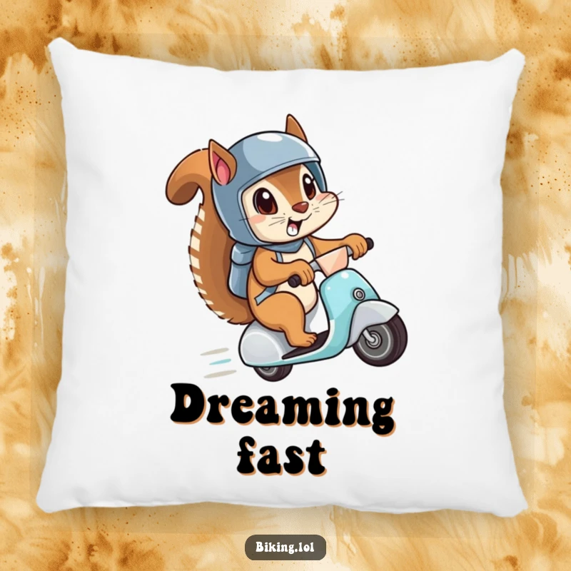 Funny pillow featuring a squirrel in a helmet, eyes wide, speeding downhill on a scooter, a cozy yet comical representation of adventure.