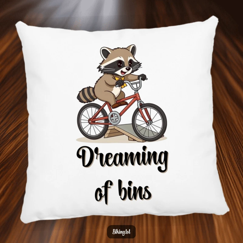 Funny playful raccoon attempting a jump over a small ramp on a vintage bicycle on a soft, decorative pillow.