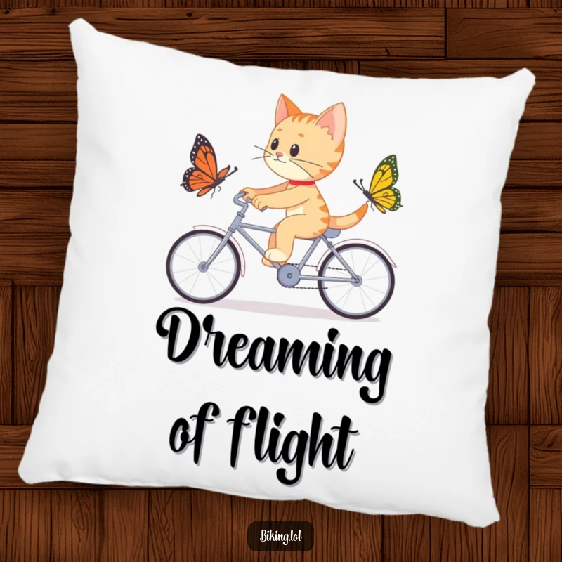 Funny pillow featuring a determined cat chasing a butterfly on a tandem bicycle, offering humorous and whimsical comfort.